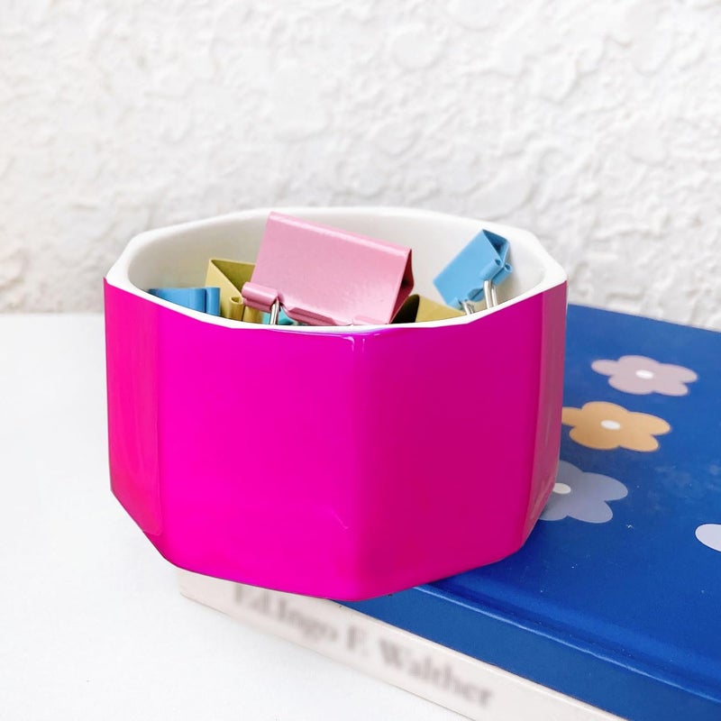 LEAZUL Ceramic Paper Clip Holder Gold Line Paper Clip Dispenser Organizer for Desk Cute Floral Pattern Office Binder Clip Holder Bobby Pin and Hair Clip Holder Gift for Office (Hot Pink) - Image 2